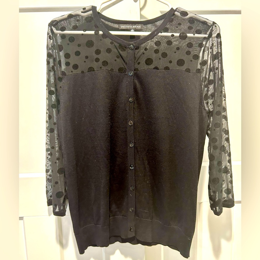 Saks Fifth Avenue black cardigan with sheer dotted top. Size L